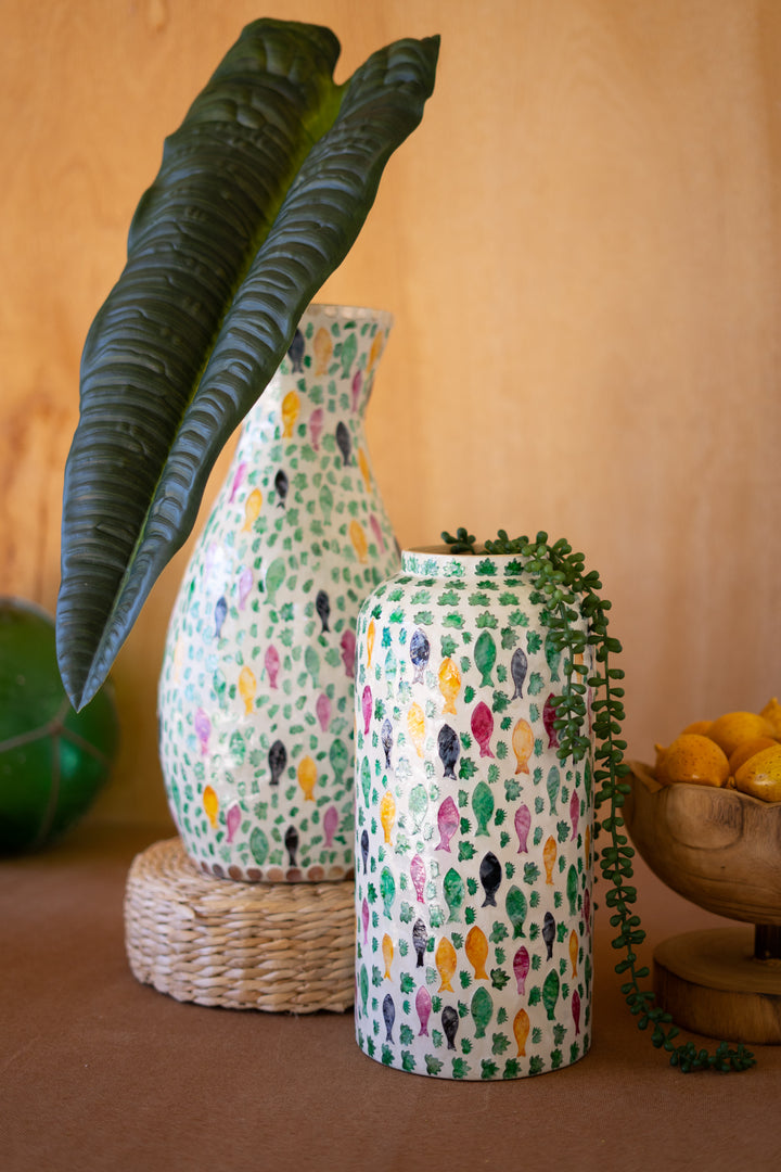 Tall Spun Bamboo Vase with Capiz Shell Fish Detail
