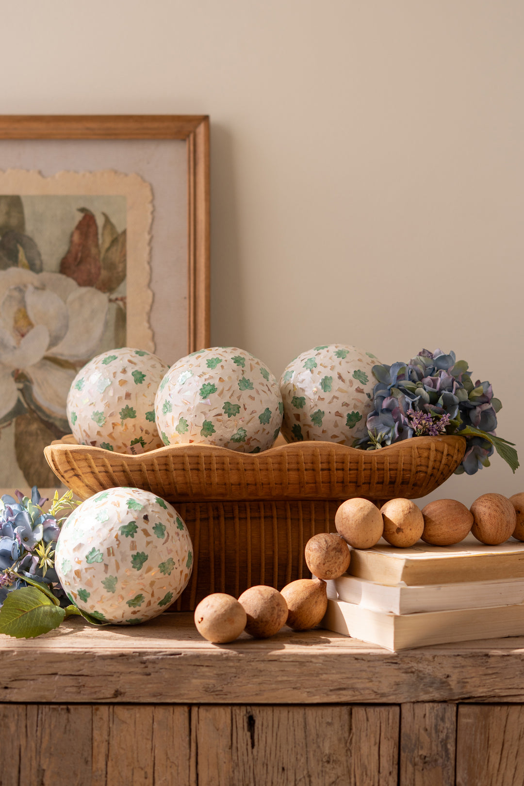 Spun Bamboo Ball with Fan Palm Capiz Shell Detail (Set of Four)