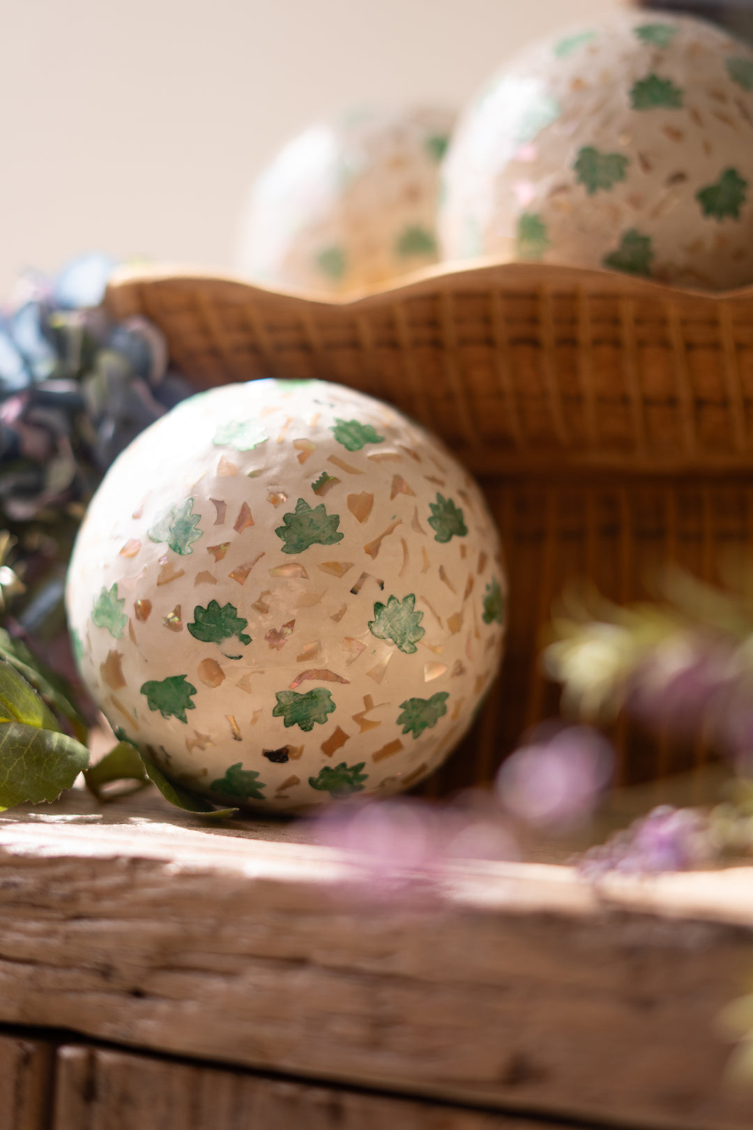 Spun Bamboo Ball with Fan Palm Capiz Shell Detail (Set of Four)