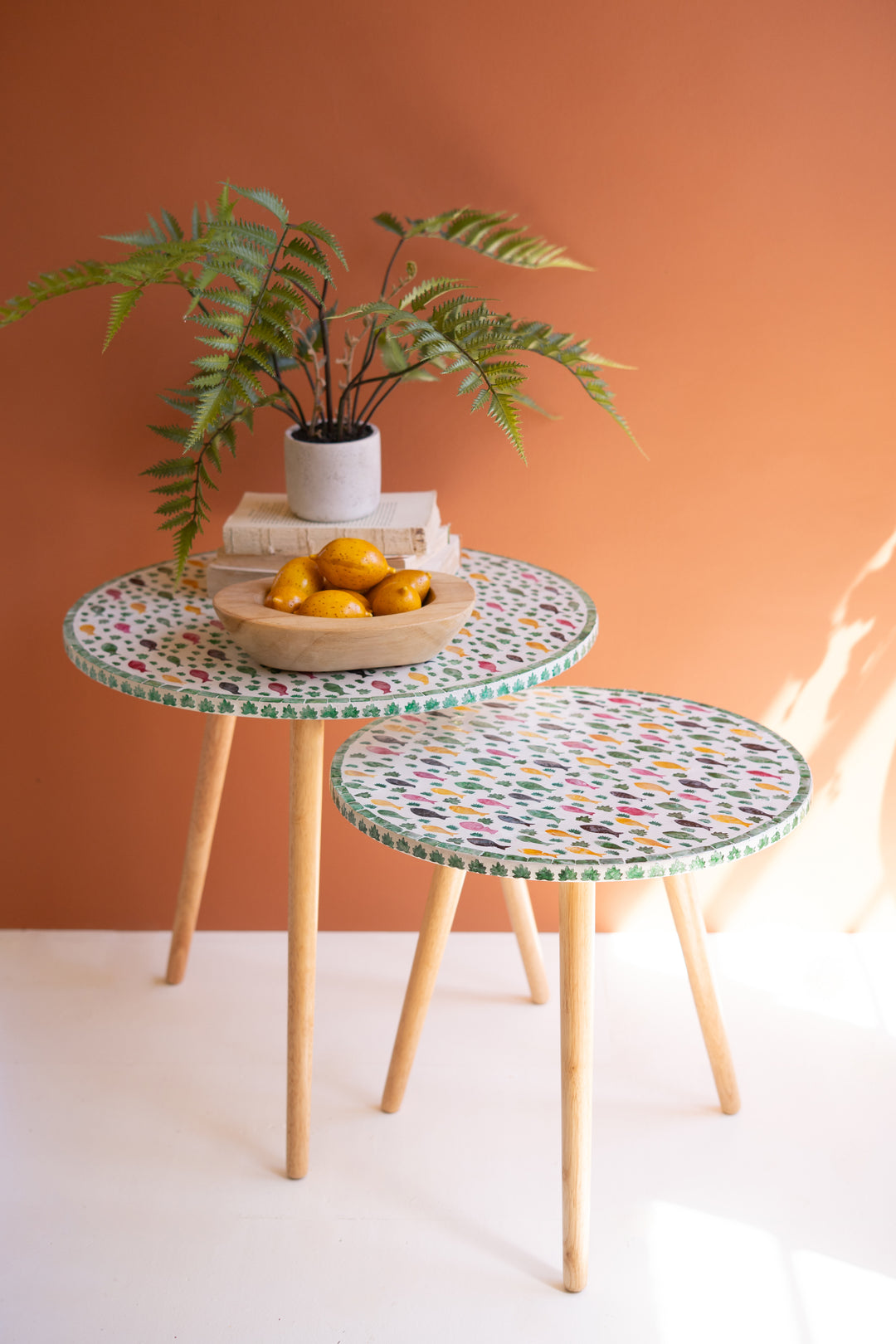 Set of 2 Wooden Accent Tables with Capiz Shell Fish Detail