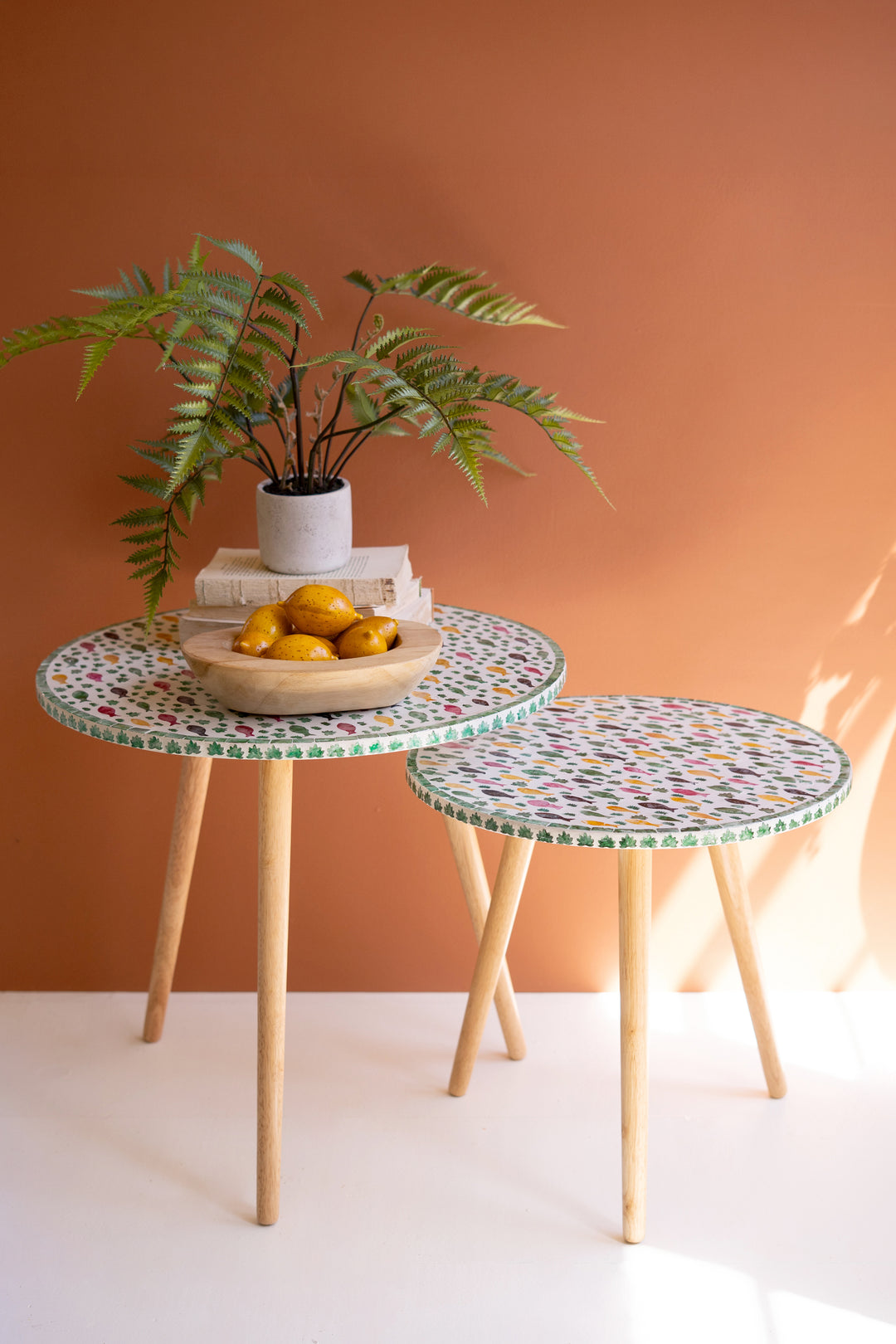 Set of 2 Wooden Accent Tables with Capiz Shell Fish Detail