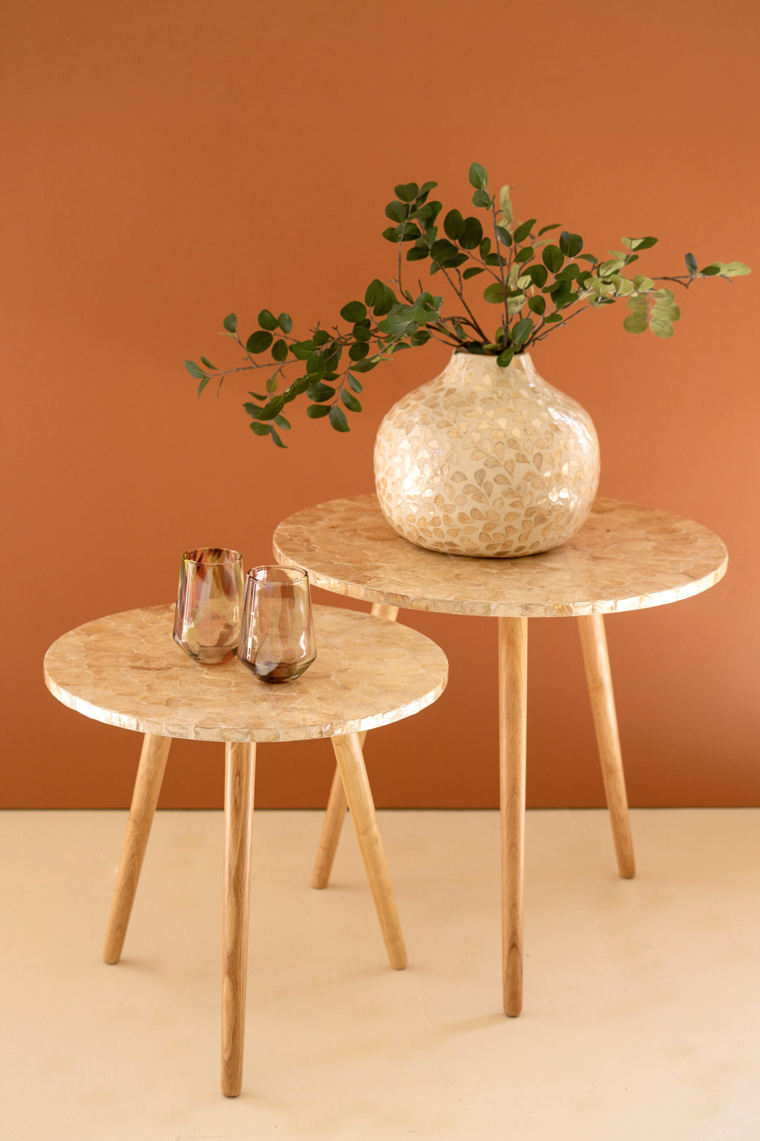 Set of 2 Wooden Accent Tables with Neutral Capiz Shell Detail
