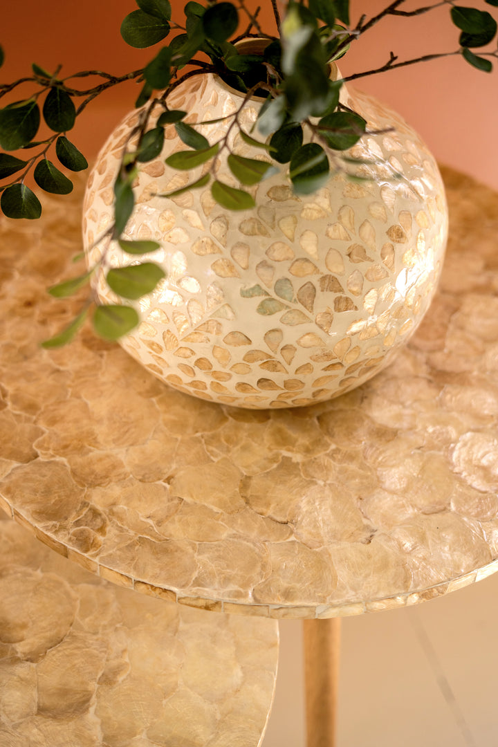 Set of 2 Wooden Accent Tables with Neutral Capiz Shell Detail
