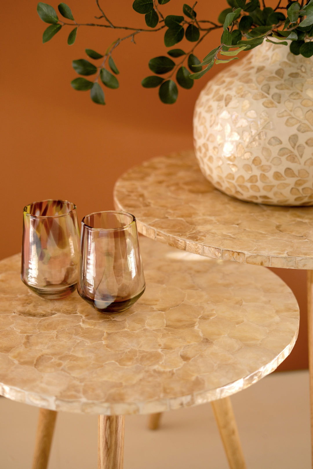 Set of 2 Wooden Accent Tables with Neutral Capiz Shell Detail