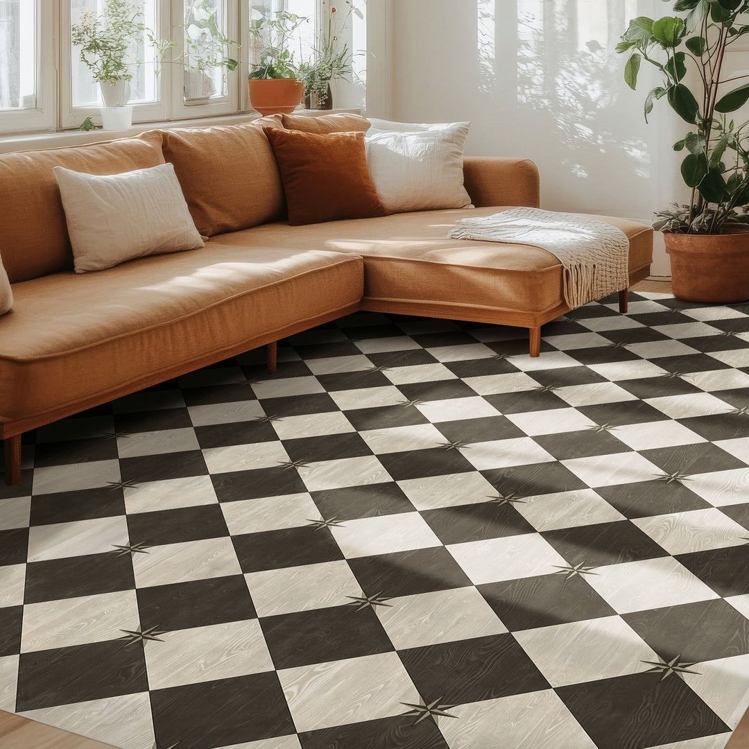 Vintage Vinyl Floorcloth Rug (Williamsburg – Compass Diamond – Garden Allée)