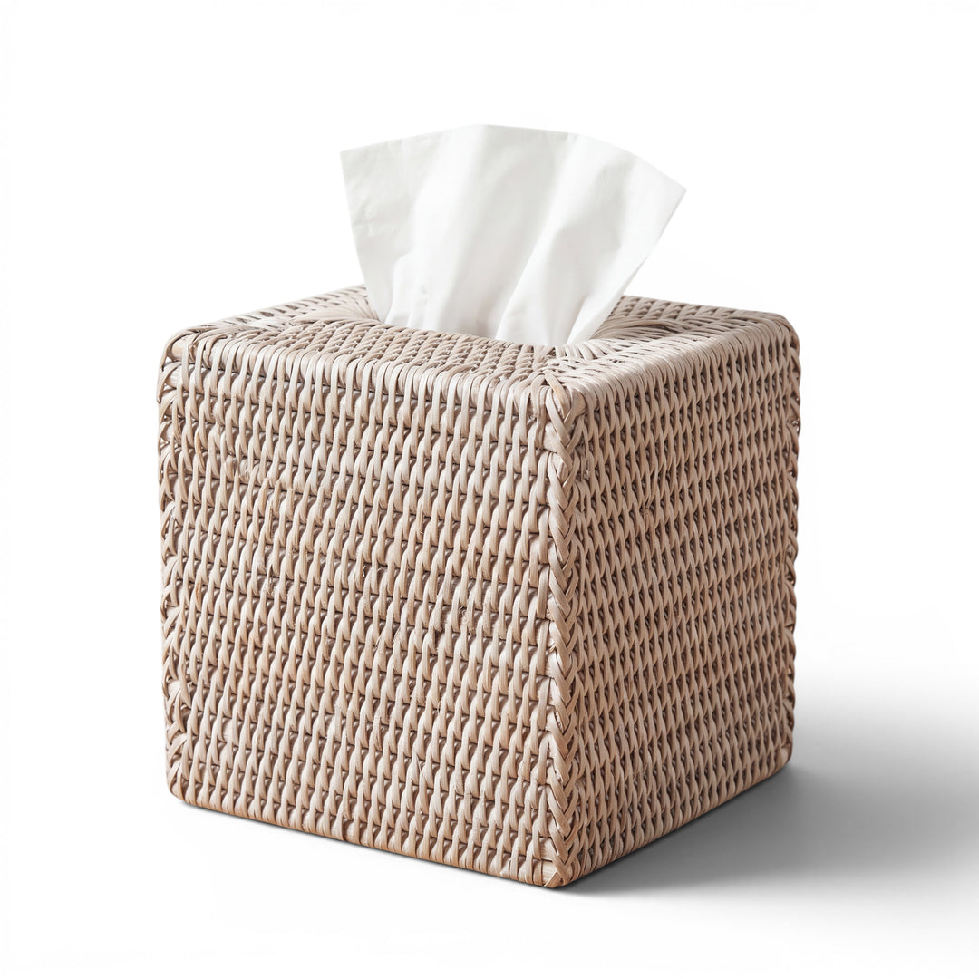 White Wash Rattan Tissue Box Square