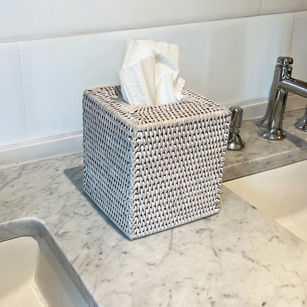 White Wash Rattan Tissue Box Square