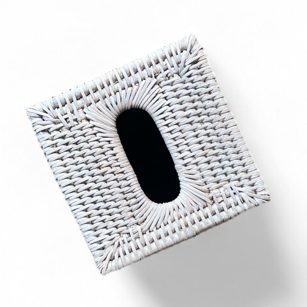 White Wash Rattan Tissue Box Square