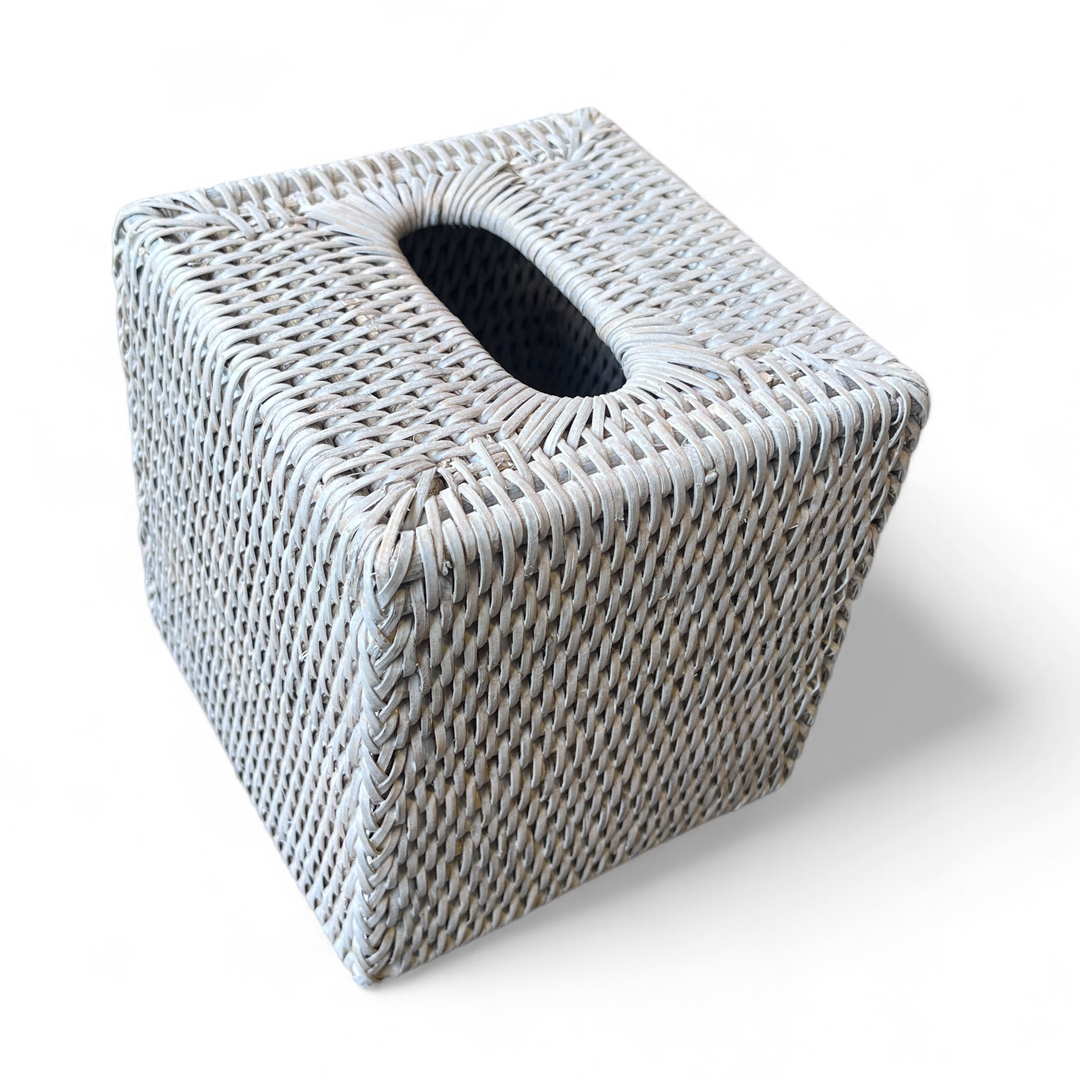 White Wash Rattan Tissue Box Square