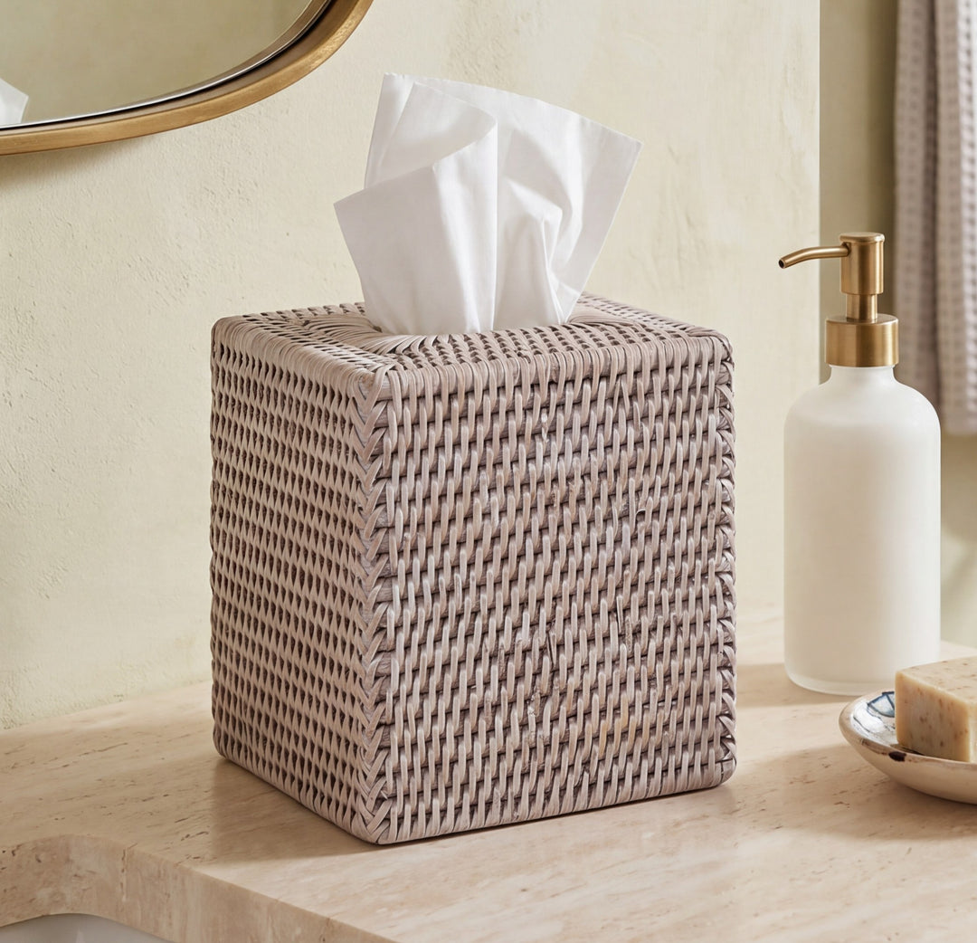 White Wash Rattan Tissue Box Square