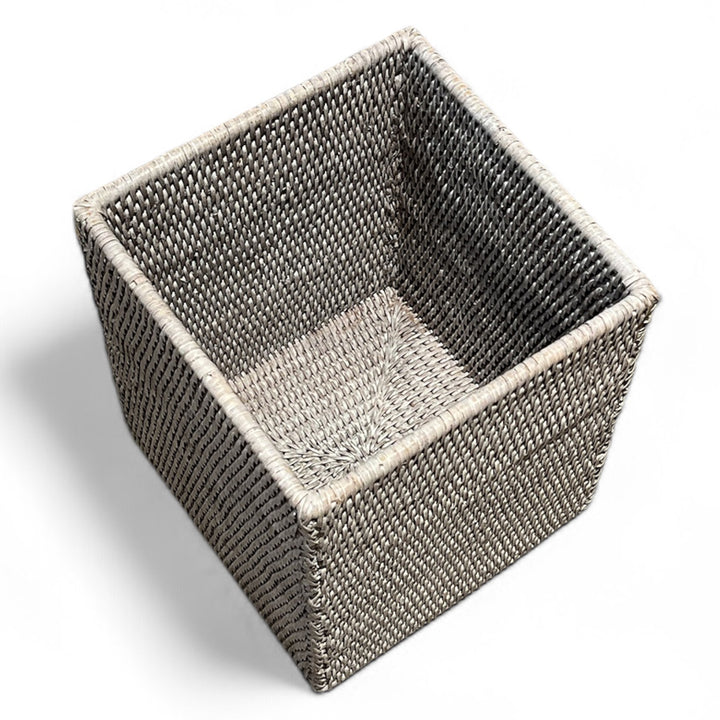 White Washed Rattan Waste Basket Square