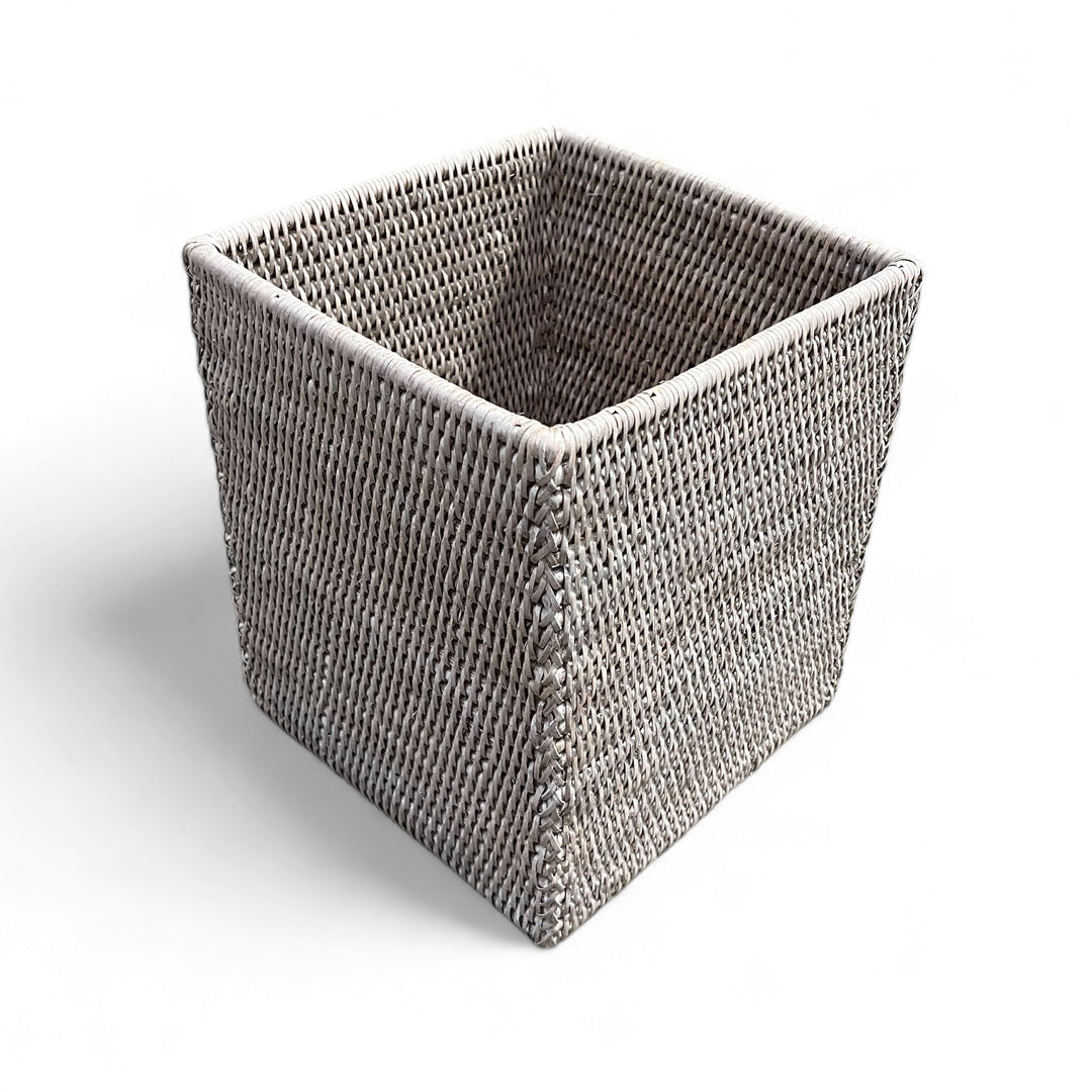 White Washed Rattan Waste Basket Square