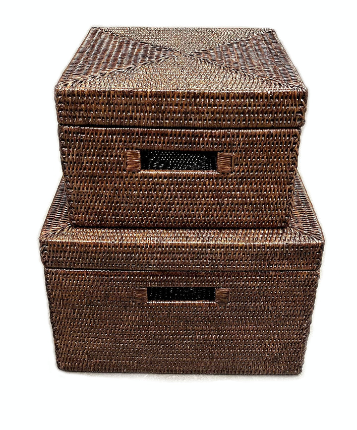 Rattan Storage Lidded Basket Square Set 2