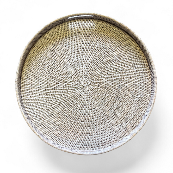 White Washed Rattan Tray w/ Handle Round 20"