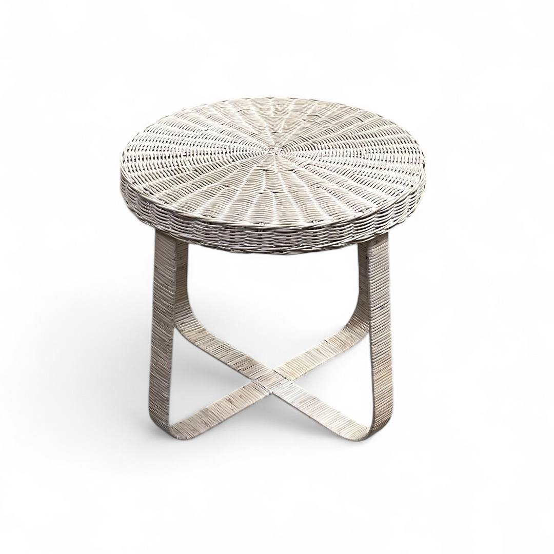 Rattan Beatnik Round Table w/ Metal Base (White Wash)