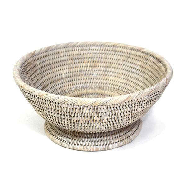 White Washed Rattan Large Round Fruit Pedestal Basket Bowl - Thumbnail 4