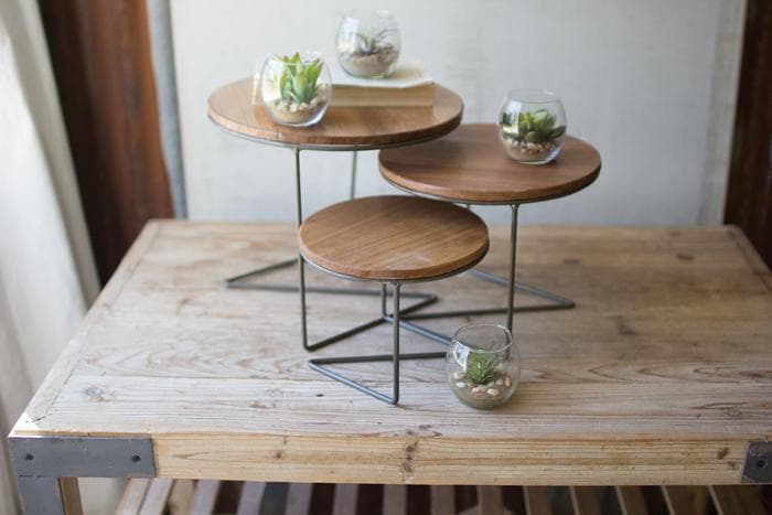 Round Wire Display Risers with Wood Tops Set/3