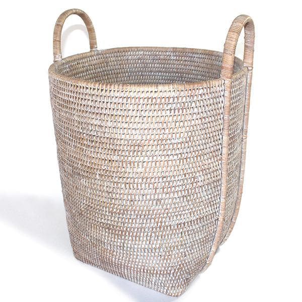 White Washed Rattan Round Laundry Basket w/Loop