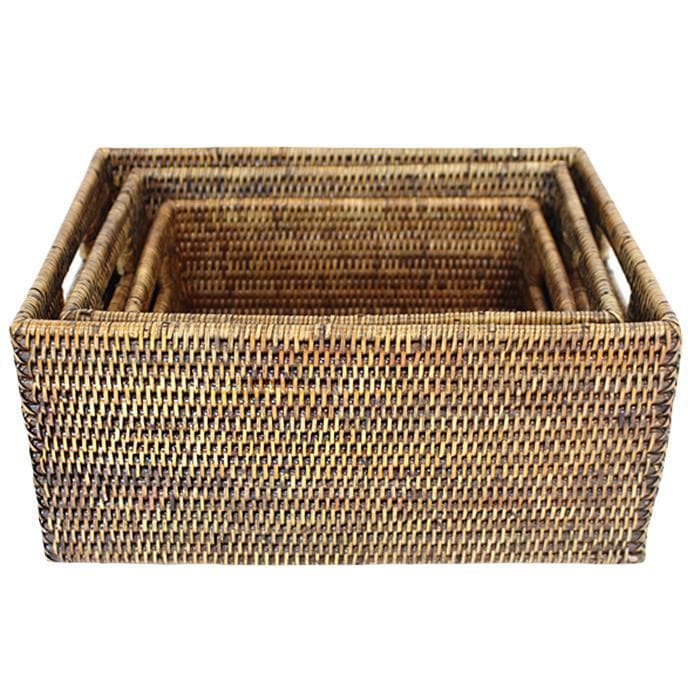 Rattan Rectangular Set of 3 Baskets w/ Handles