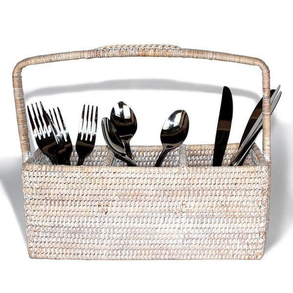 White Wash Rattan 3 Compartment Cutlery Caddy