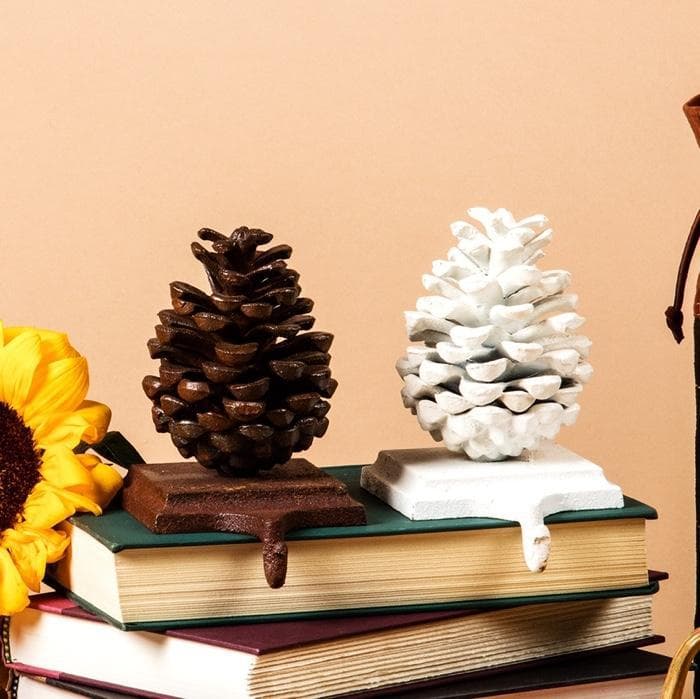 Stocking Holder Pinecone - White, Cast Iron Set of Two