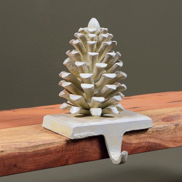 Pine Cone Cast Iron Stocking Holder - White