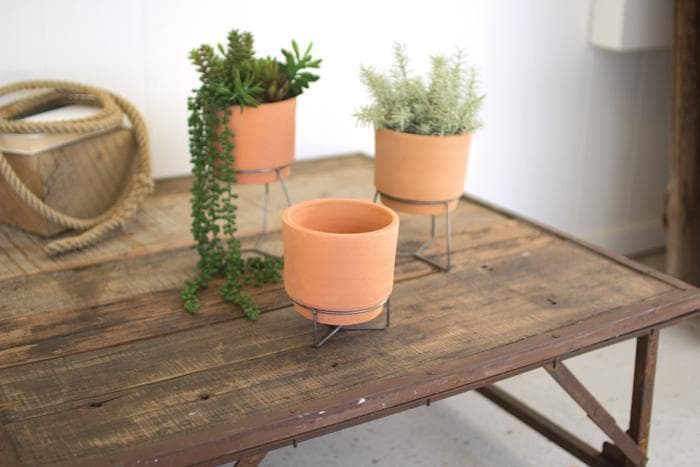 Natural Clay Planters with Wire Bases Set/3