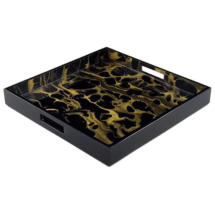 Lacquer Square Tray - Black & Gold Marble