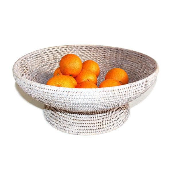 White Washed Rattan Round Fruit Pedestal Basket