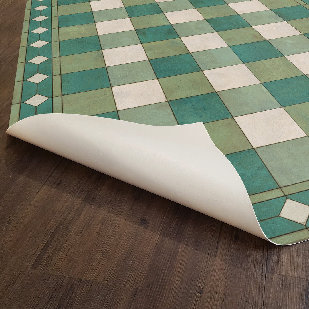 Vintage Vinyl Floorcloth Rug (Williamsburg -Gingham Tile - Green)