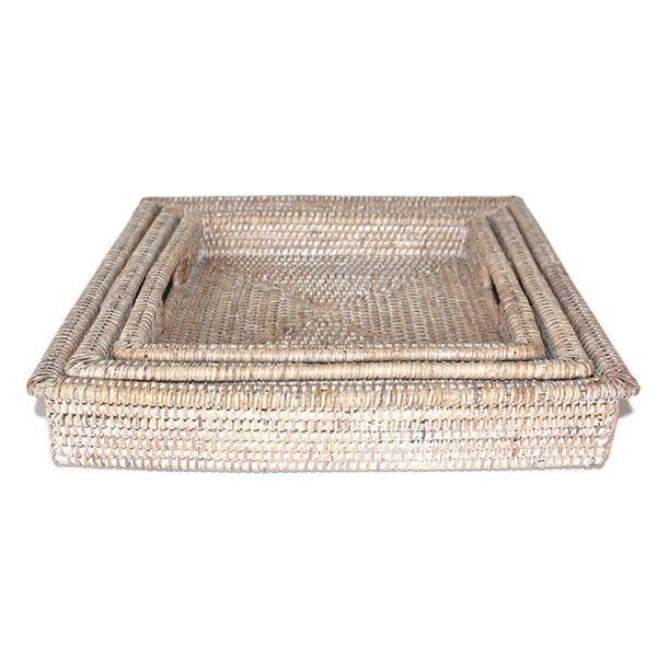 White Washed Rattan Tray Square Set/3 w/ Handles