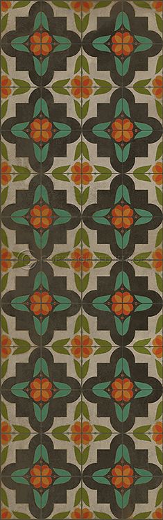 Green Vinyl Rug Runner. Kitchen Floor Mat With Vintage Tiles and Decorative  Frame. Spanish Tiles Design in Green. Green Vinyl Floor Mat. 