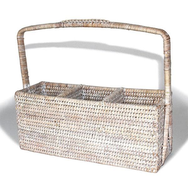 White Wash Rattan 3 Compartment Cutlery Caddy