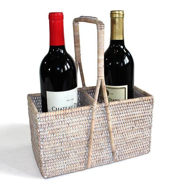 White Wash Rattan Wine Carrier Basket