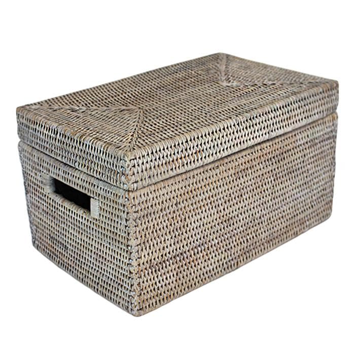 White Washed Rattan Lidded Storage Basket Rectangular Lid