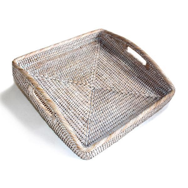 White Washed Rattan Square Tray 12"