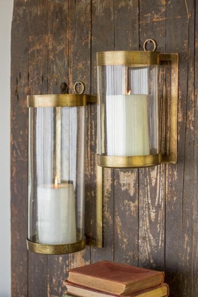 Glass & Antique Brass Finish Wall Mounted Hurricanes