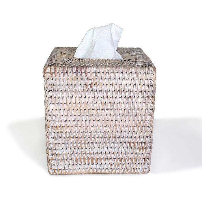 White Wash Rattan Tissue Box Square