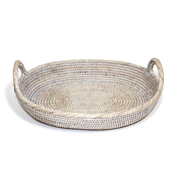 White Washed Rattan Oval Tray w/Loop Handles