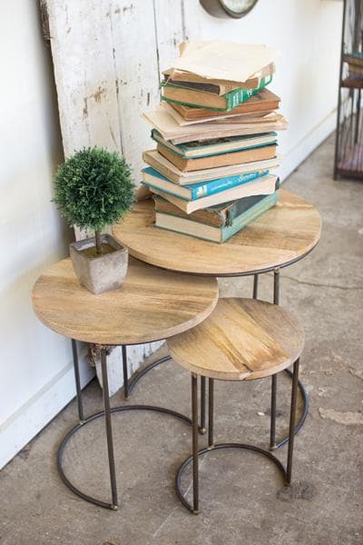 Nesting Iron Accent Tables with Mango Wood Tops Set/3