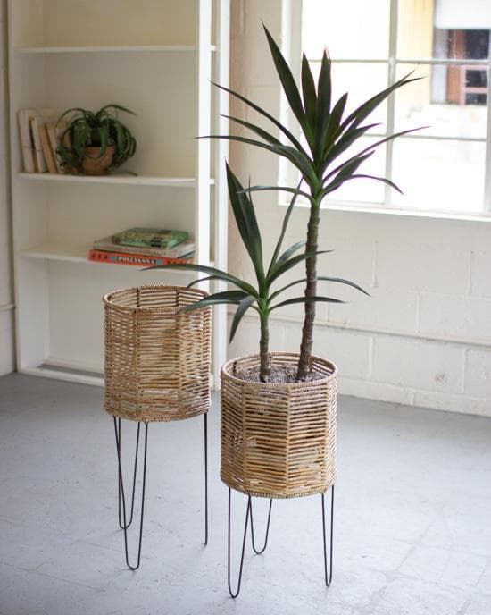 Round Seagrass Planters with Iron Bases Set/2