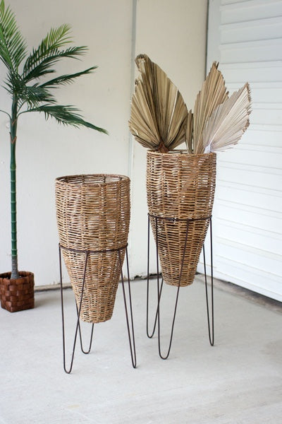 Seagrass Cone Planters With Iron Stands Set/2