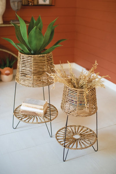 Set Of 2 Seagrass And Iron Plant Stands