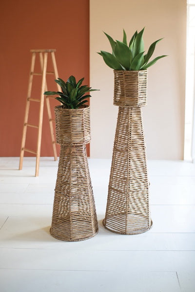 Set Of 2 Seagrass And Iron Planter Towers