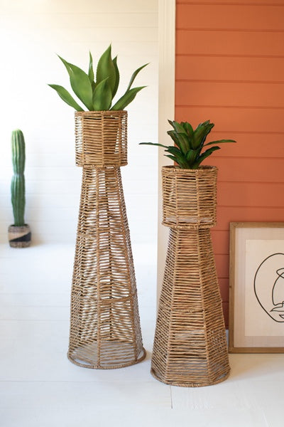 Set Of 2 Seagrass And Iron Planter Towers