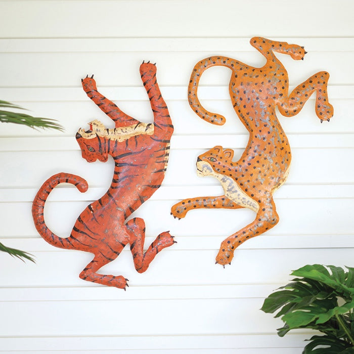 Set Of 2 Hand-Hammered Recycled Cheetah And Tiger Wall Hanging