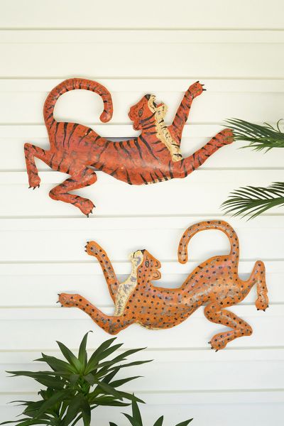 Set Of 2 Hand-Hammered Recycled Cheetah And Tiger Wall Hanging