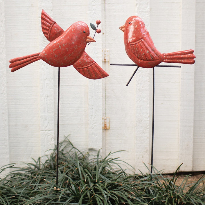 Set Of 2 Hand-Hammered Red Bird Yard Stakes