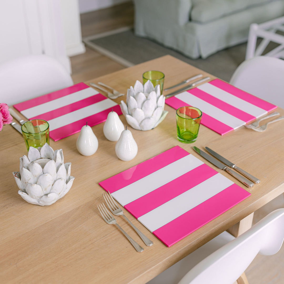 Addison Ross Lacquer Square Striped Placemats Set of 4 (Fuchsia Pink & White)