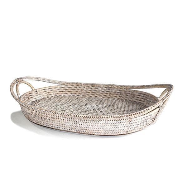 White Wash Rattan Oval Open Handle Tray